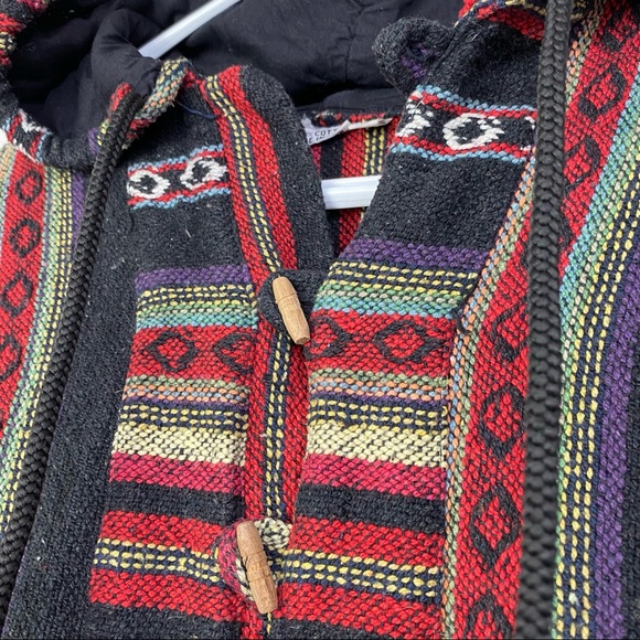 Vintage Hand Woven Baja Hoodie Multicolour Tapestry Wood Toggles Boho Hippie S - Picture 14 of 14